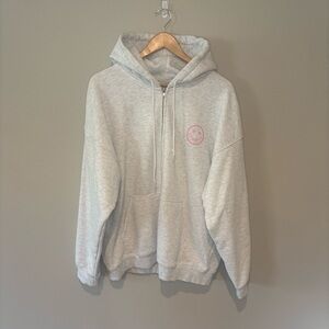 STARFIT Light Grey Oversized Zip Up Hoodie Sweatshirt w/ Lightning Bolt  XL/XXL